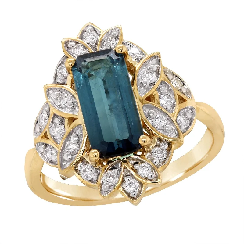 women’s birthstone rings-YELLOW GOLD FASHION RING WITH DIAMONDS AND BLUE TOURMALINE CENTER STONE