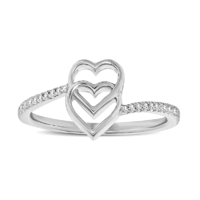 rose gold diamond ladies rings-10K White Gold 1/10 Ctw Diamond Double Heart Ring