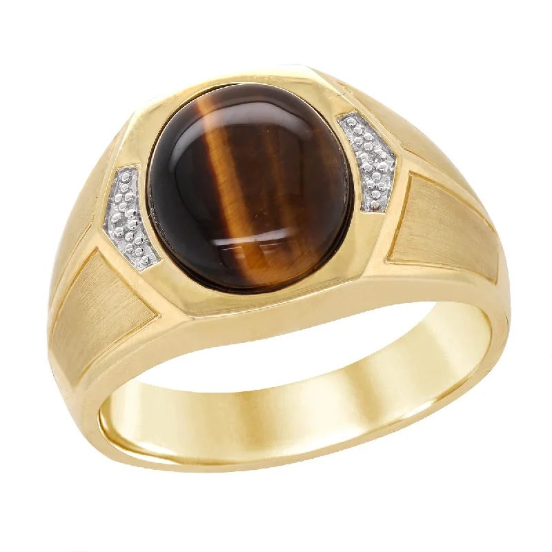 men’s and ladies matching rings-YELLOW GOLD MENS FASHION RING WITH TIGER EYE AND DIAMONDS, .006 CT TW