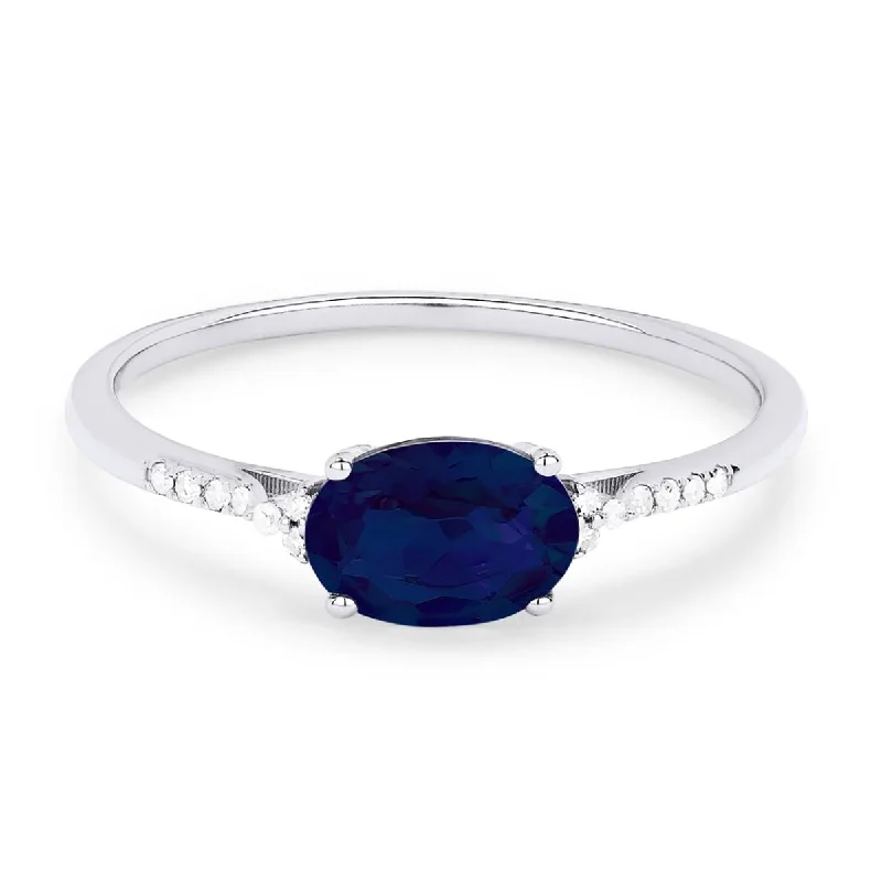 women’s stacking engagement rings-OVAL CUT LAB GROWN SAPPHIRE AND DIAMOND RING, .04 CT TW