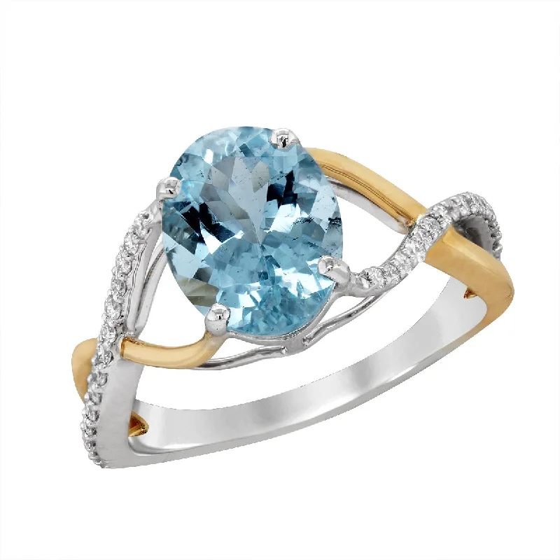 custom wedding rings for ladies-TWO-TONE GOLD SPLIT SHANK RING WITH OVAL AQUAMARINE, .18 CT TW