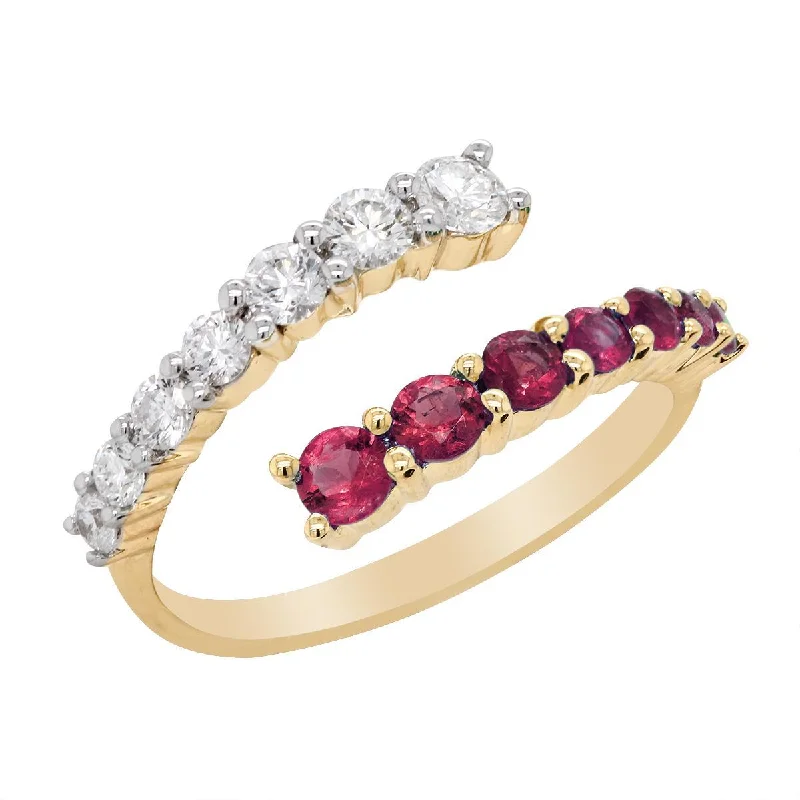 affordable ladies rings-YELLOW GOLD BYPASS STYLE RING WITH RUBIES AND DIAMONDS, .56 CT TW