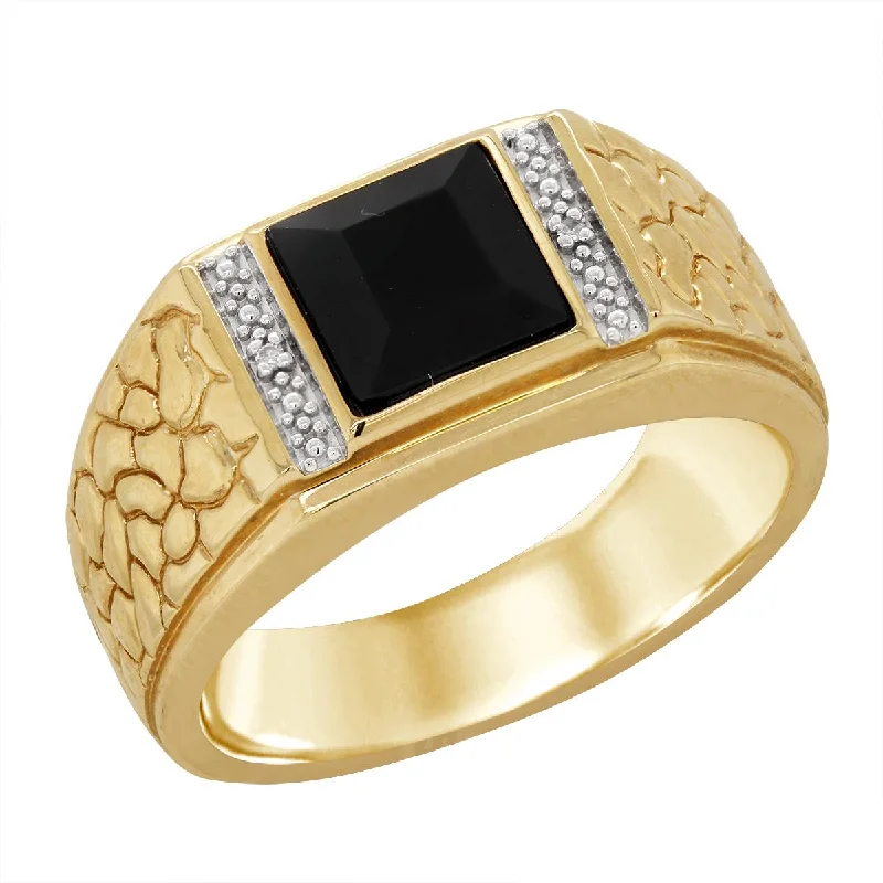 simple gold ladies rings-MENS YELLOW GOLD RING WITH BLACK ONYX AND DIAMOND ACCENTS, .01 CT TW