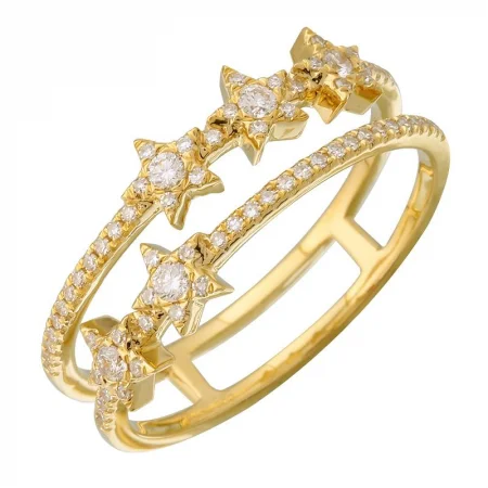 ladies rings for casual wear-14K Yellow Gold Diamond Star Double Row Ring