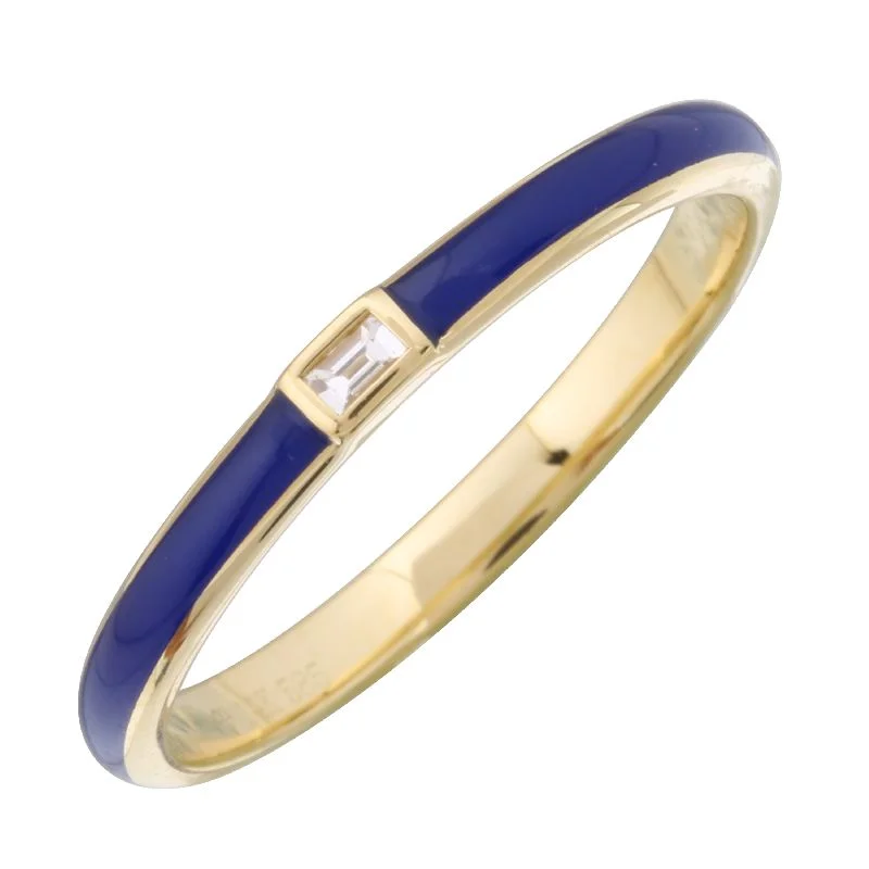 silver stacking rings for ladies-14k Yellow Gold Classic Blue Enamel & Diamond Ring