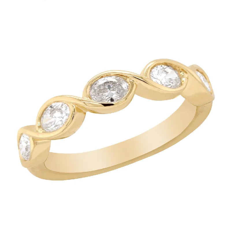 vintage ladies rings-MODERN YELLOW GOLD RING WITH 5 OVAL CUT DIAMONDS, .78 CT TW